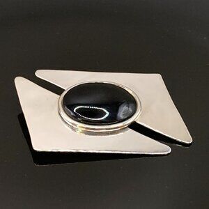 80's Modernist TAXCO Black Onyx Vtg Mexico TS 76 Brooch Pin Sterling Silver J543